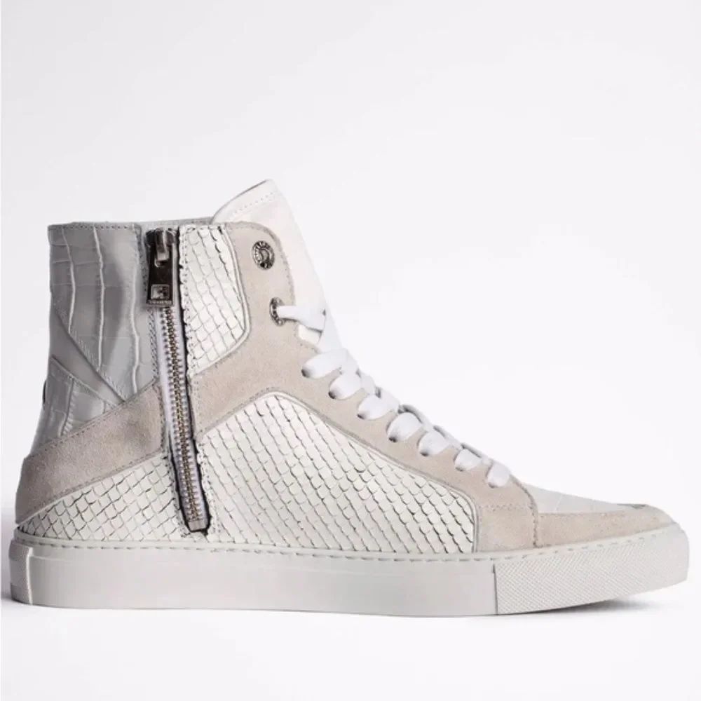NEW Zadig & Voltaire White Tan Leather High Flash Keith Side Zip Sneakers 7.5